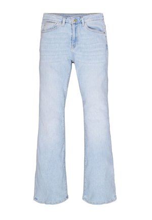 Vaqueros acampanados de color azul claro con un ligero desgaste, que cuentan con bolsillos frontales, cierre de botón y dobladillo cosido. Fabricados en material vaquero.