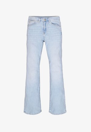 Vaqueros acampanados de color azul claro con un ligero desgaste, que cuentan con bolsillos frontales, cierre de botón y dobladillo cosido. Fabricados en material vaquero.