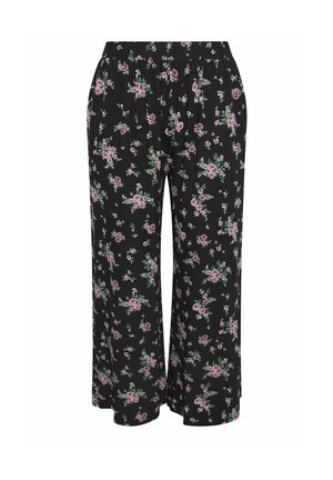 Pantalon noir à jambes larges avec un motif floral rose et violet et une ceinture élastique.