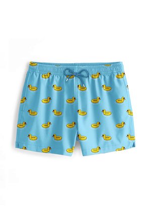 Bañador de color azul claro con un estampado de patitos de goma amarillos y anillos interiores, con una cinturilla elástica y cierre de cordón.