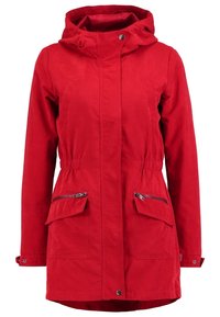 Röd, vattentät jacka med huva, elastisk midja, två dragkedjefickor fram och knäppe med tryckknapp. Slät textur och avslappnad design.