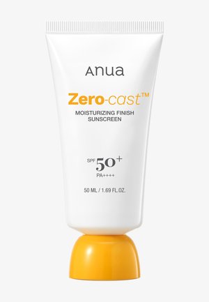 Tubka kremu przeciwsłonecznego Anua Zero-cast o nawilżającym wykończeniu, SPF 50+ i PA++++, 50 ml, biała z pomarańczową nakrętką.