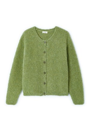 Groene, pluizige cardigan met lange mouwen en zes knopen aan de voorkant, voorzien van een ronde halslijn en een zachte, gestructureerde stof.