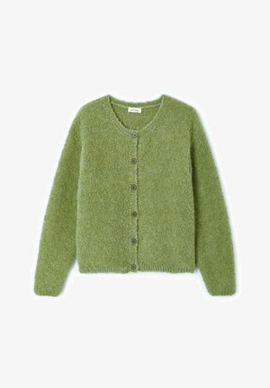 Groene, pluizige cardigan met lange mouwen en zes knopen aan de voorkant, voorzien van een ronde halslijn en een zachte, gestructureerde stof.