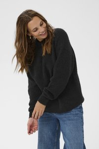 Black knitted sweater with a loose fit, round neck, and ribbed cuffs, paired with blue jeans. The texture appears soft and plush.