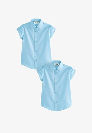 Light blue short-sleeve shirt with a collar, featuring a button-up front and gathered shoulder detail. Two shirts displayed.