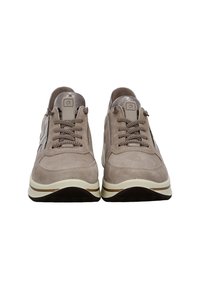 Pair of taupe suede sneakers with beige and brown soles, front view, featuring laces and a branded tongue tab.