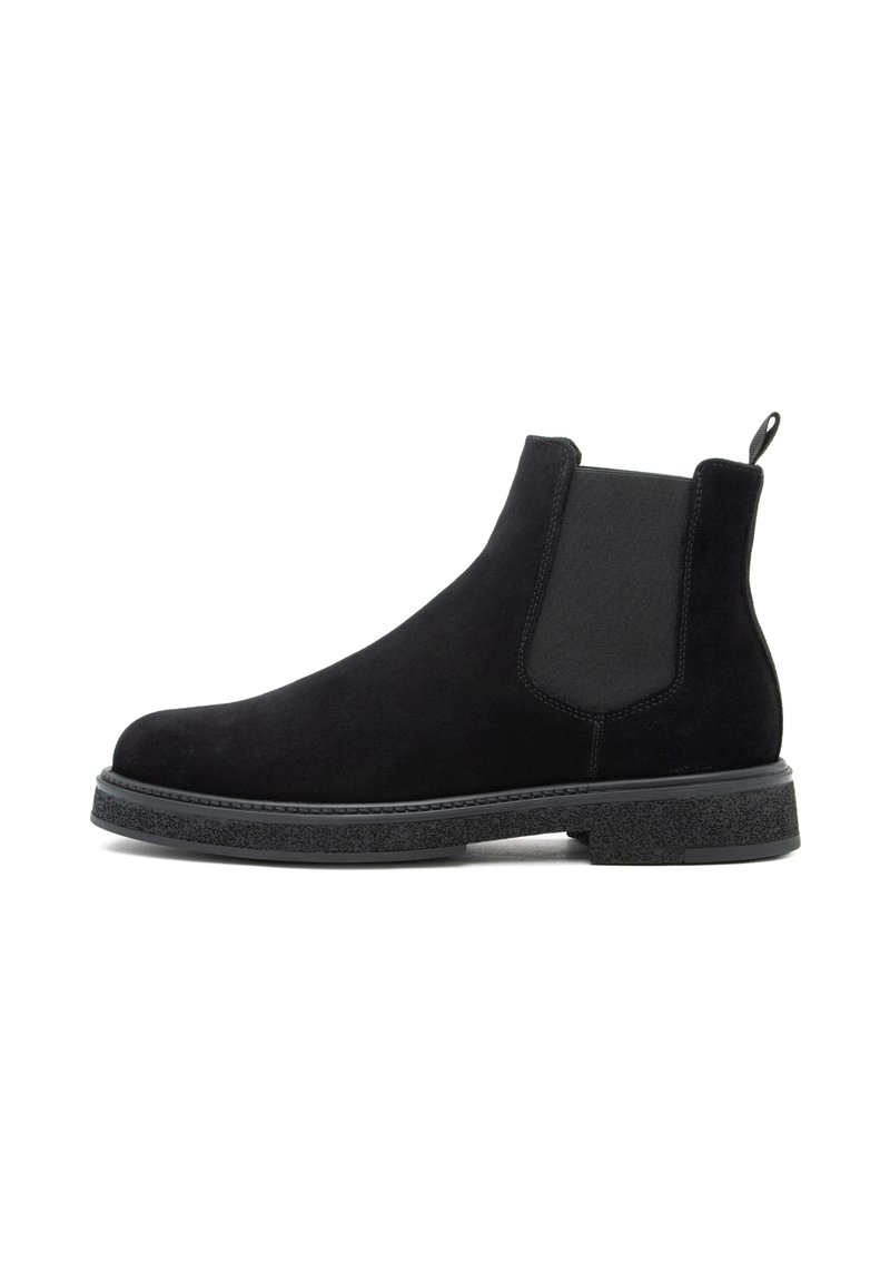 Black suede Chelsea boot featuring elastic side panels, pull tab, and a textured rubber sole. Rounded toe and low profile design.