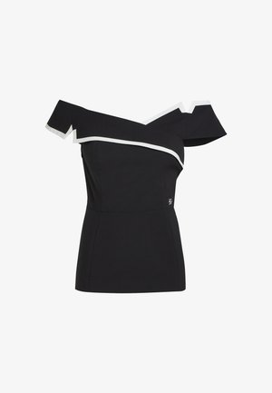 Haut noir à épaules dénudées avec encolure asymétrique, bordure blanche le long de l'encolure et des manches, et taille ajustée.