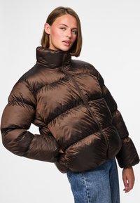 Brun vadderad jacka med hög krage och dragkedja, med ett quiltat mönster och en slät, glänsande yta.