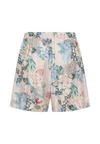 Short beige clair avec une taille élastique présentant un motif tropical floral et feuillage multicolore aux tons bleu, vert, rose et rouge.