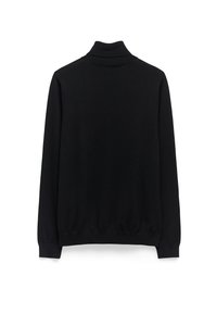 Czarny sweter z dzianiny z wysokim kołnierzem, długimi rękawami oraz ściągaczami przy mankietach i u dołu. Gładka tekstura o minimalistycznym wzornictwie.