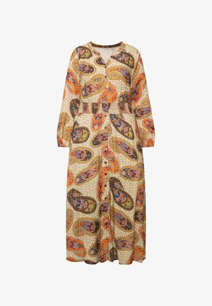 Lange, gebloemde jurk in tinten van beige, oranje, bruin en blauw met een v-hals, lange mouwen en een elastische taille. Paisleyprint ontwerp.