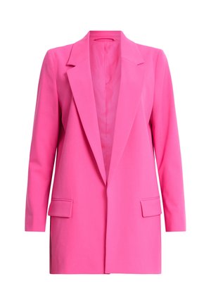 Blazer fucsia con rever a punta, chiusura con un bottone e due tasche frontali, realizzato in un tessuto liscio con una vestibilità su misura.