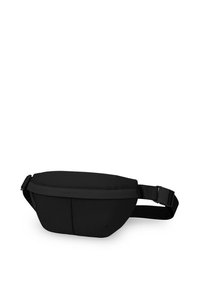 Černá ledvinka vyrobená z odolného nylonu, se hladkým povrchem, zakřiveným tvarem a nastavitelným popruhem s přezkou.