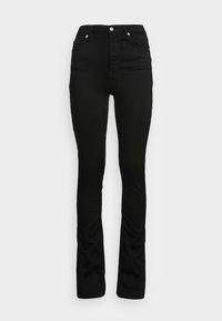 Černé džínové kalhoty s rozšířenými nohavicemi a vysokým pasem, s předním zipem a tlačítkovým zapínáním, dvěma předními kapsami a hladkým povrchem.