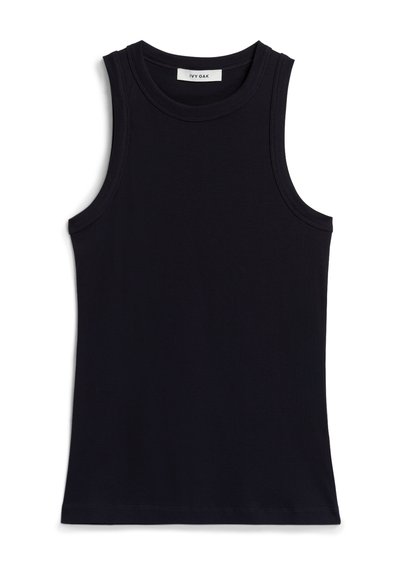 Black sleeveless top with a ribbed texture, round neckline, and regular fit. Label reads "IVY OAK." No additional patterns or accents.