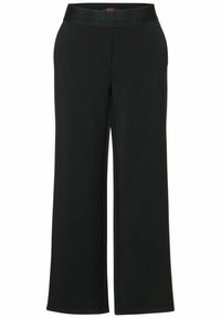 Černé kalhoty s širokými nohavicemi vyrobené z jemné látky. Mají texturovaný pás se slovem "Pozitivita" vytlačeným na povrchu. Žádné viditelné vzory ani kovové prvky.