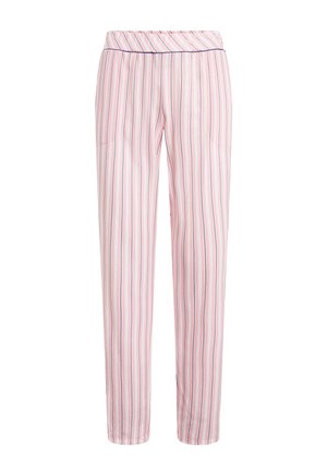 Letbare, lyserøde stribede bukser med lodrette blå linjer, udstyret med elastisk talje og sidelommer for komfort og nemhed.