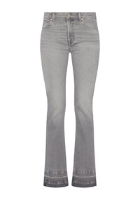 Grå denim flare jeans med medium høj talje, der har en subtil falmning og rå kantdetaljer forneden. Klassisk fem-lomme design.