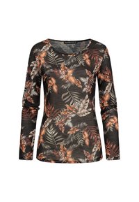 Langermet svart topp med et blomsterprint som har oransje, grønne og grå blader på et strukturert stoff. Rund halsringning.