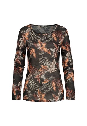 Ilgas juodas megztinis su gėlių raštu, kuriame yra oranžinių, žalių ir pilkų lapų, ant tekstūruoto audinio. Apvalus kaklo iškirpimas.