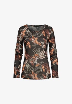 Dlhý rukáv čierneho topu s kvetinovým vzorom v oranžovej, zelenej a sivej farbe na štruktúrovanej tkanine. Okrúhly výstrih.