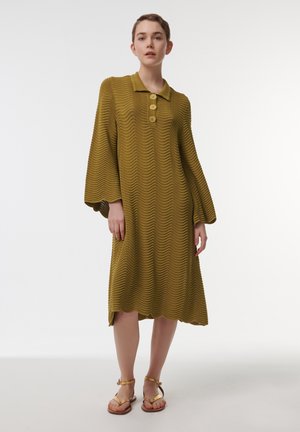 Olijfgroene, geparamsde jurk met een golvend patroon, kraaglijn en drie grote knopen. Heeft driekwartlange mouwen en een scalloped zoom.