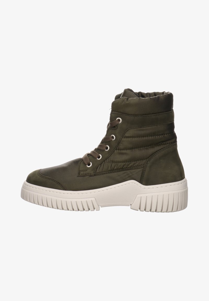 Green high-top boot with padded collar, brown laces, and white rubber sole. Features sleek design with stitched accents and textured material.