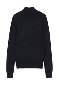 Un pull turtleneck noir à manches longues avec col, poignets et ourlet côtelés, présenté de dos sur un fond blanc.