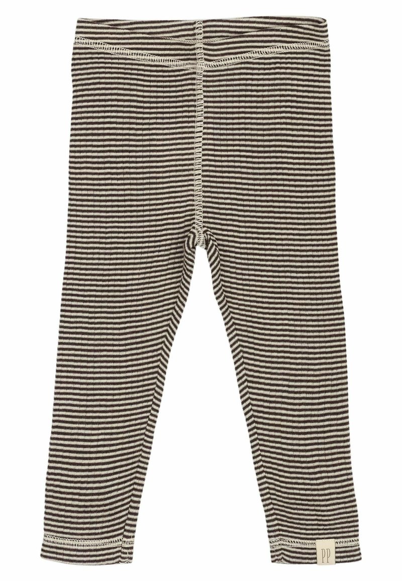 Leggings a rayas en marrón y crema, hechos de una tela suave, con una forma ajustada, cinturilla elástica y una pequeña etiqueta en el dobladillo.