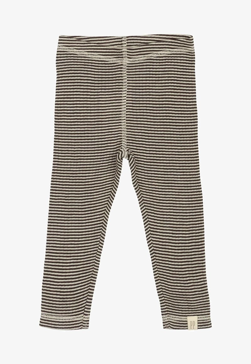 Črtaste legice v rjavi in krem barvi, izdelane iz mehkega materiala, z oprijeto obliko, elastičnim pasom in majhnim oznako na robu.