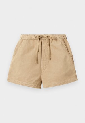 Shorts kaki en tissu doux, dotés d'une taille élastique avec cordon de serrage, de deux poches latérales et d'une coupe décontractée.