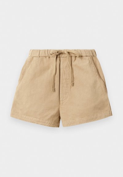 Khaki shorts made of soft fabric, featuring an elastic waistband with drawstring, two side pockets, and a relaxed fit.