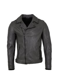 Schwarze Leder-Motorradjacke mit Notch-Kragen, Reißverschluss vorne, Reißverschlusstaschen und seitlichen Schnallen-Details. Verfügt über eine glatte Textur und eine taillierte Form.