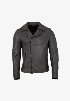 Schwarze Leder-Motorradjacke mit Notch-Kragen, Reißverschluss vorne, Reißverschlusstaschen und seitlichen Schnallen-Details. Verfügt über eine glatte Textur und eine taillierte Form.