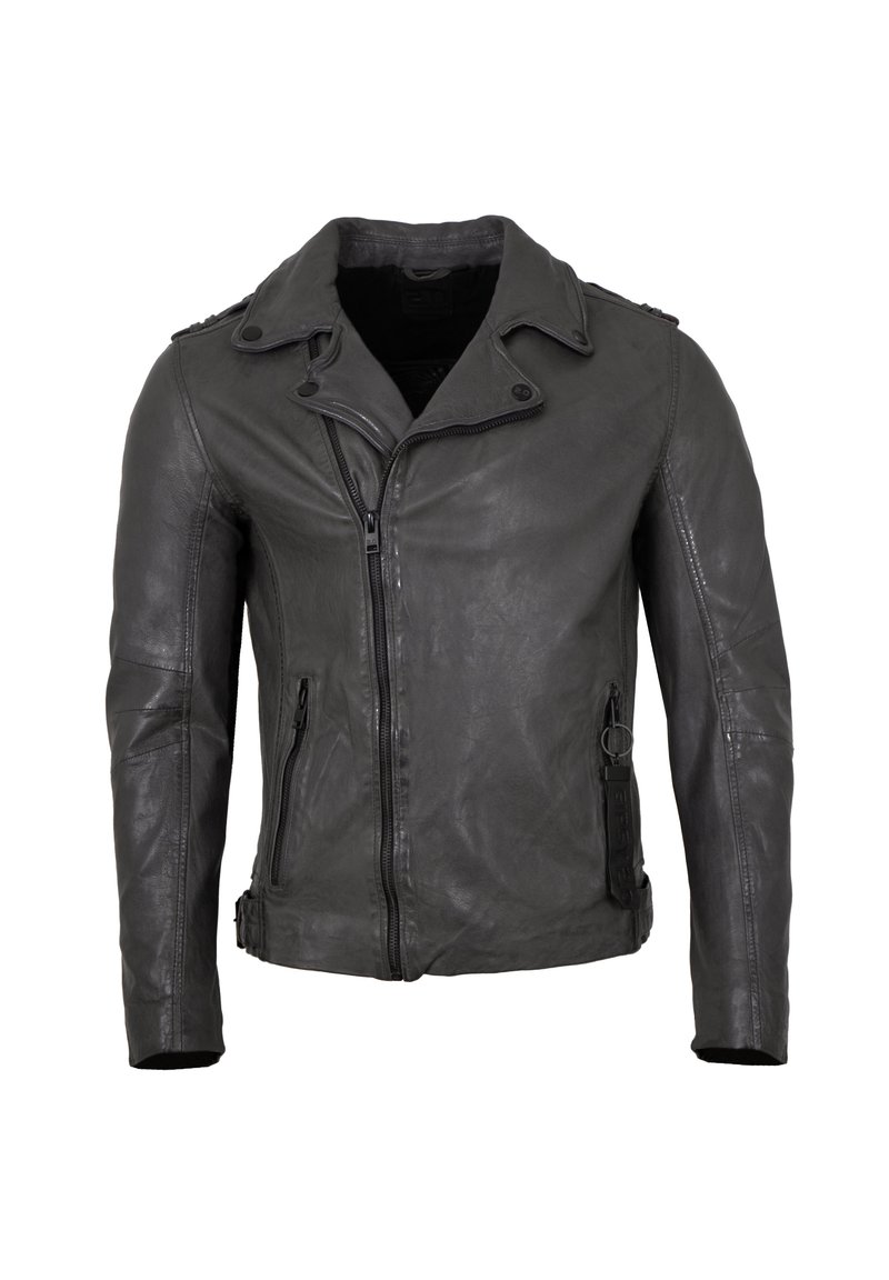 Schwarze Leder-Motorradjacke mit Notch-Kragen, Reißverschluss vorne, Reißverschlusstaschen und seitlichen Schnallen-Details. Verfügt über eine glatte Textur und eine taillierte Form.