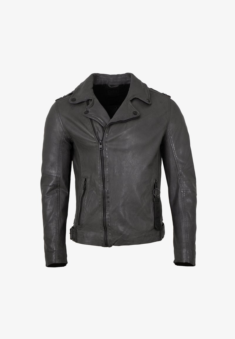 Schwarze Leder-Motorradjacke mit Notch-Kragen, Reißverschluss vorne, Reißverschlusstaschen und seitlichen Schnallen-Details. Verfügt über eine glatte Textur und eine taillierte Form.