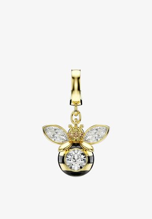 Goldfarbener und schwarzer bienenförmiger Anhänger mit funkelnden Kristallflügeln und -körper, befestigt an einem polierten goldenen Verschluss.