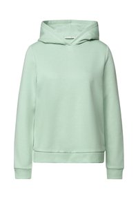 Felpa verde menta realizzata in morbido cotone misto, presenta un ampio scollo, cappuccio con cordino regolabile e polsini e orlo a costine.