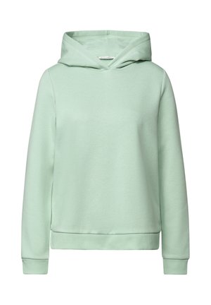 Sweat à capuche vert menthe en mélange de coton doux, présente un décolleté large, une capuche réglable avec cordon et des poignets et un ourlet côtelés.