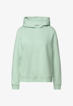 Mintgrön hoodie tillverkad av mjuk bomullsblandning, har en vid halsringning, justerbar drawstring-huva och ribbad mudd vid ärmar och fåll.