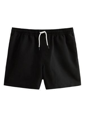 Czarne kąpielówki ze sztywną gumką w talii i białym troczkiem na środku z przodu, prosty fason bez widocznych logo czy wzorów.