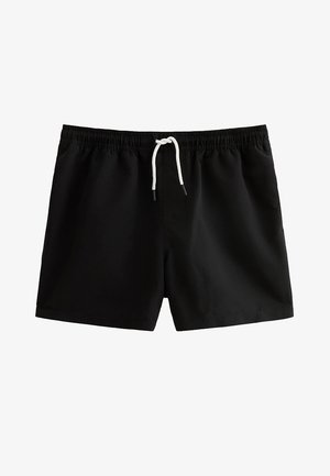 Czarne kąpielówki ze sztywną gumką w talii i białym troczkiem na środku z przodu, prosty fason bez widocznych logo czy wzorów.