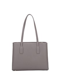 Borsa tote sintetica grigia con doppi manici, forma rettangolare strutturata, finitura testurizzata e dettagli di cucitura a contrasto.