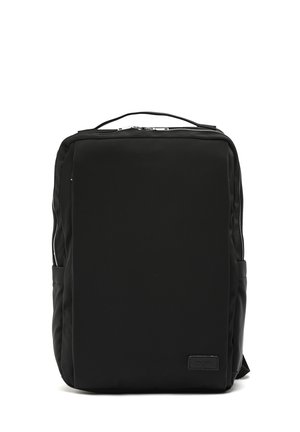 Black fabric backpack with smooth texture, rectangular shape, front zip closure, side pocket, and subtle logo label.