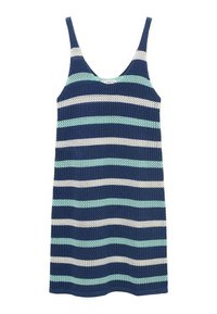 Abito canotta a maglia con righe orizzontali blu, teal e bianche. Presenta una scollatura a piscina e spalline sottili. Materiale leggero.