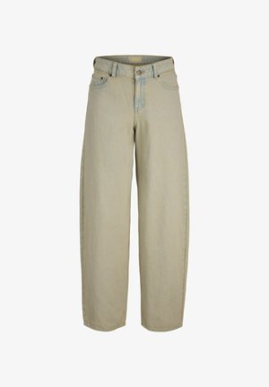 Knee-length beige denim pants with a relaxed fit, featuring five pockets, a zip fly, and subtle fading on the fabric for texture.