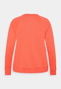 Felpa corallo a maniche lunghe con maniche raglan e polsini a costine, mostrata da dietro su sfondo bianco.