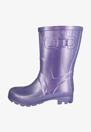 Paarse rubberen regenlaars met een glanzende afwerking, ronde neus, gestructureerde zool en decoratieve gespaccenten aan de zijkant.